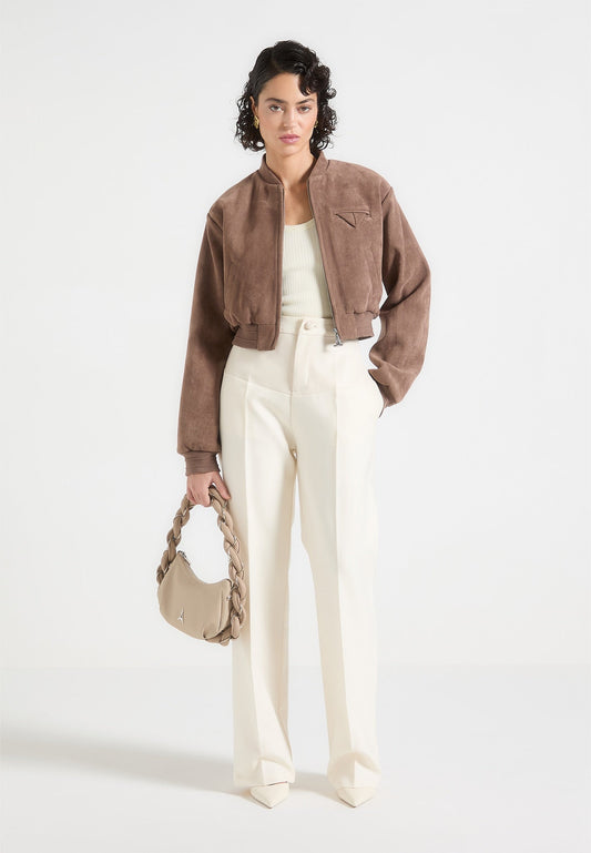 Bomberjacke aus Wildleder mit breiten Schultern - Taupe 