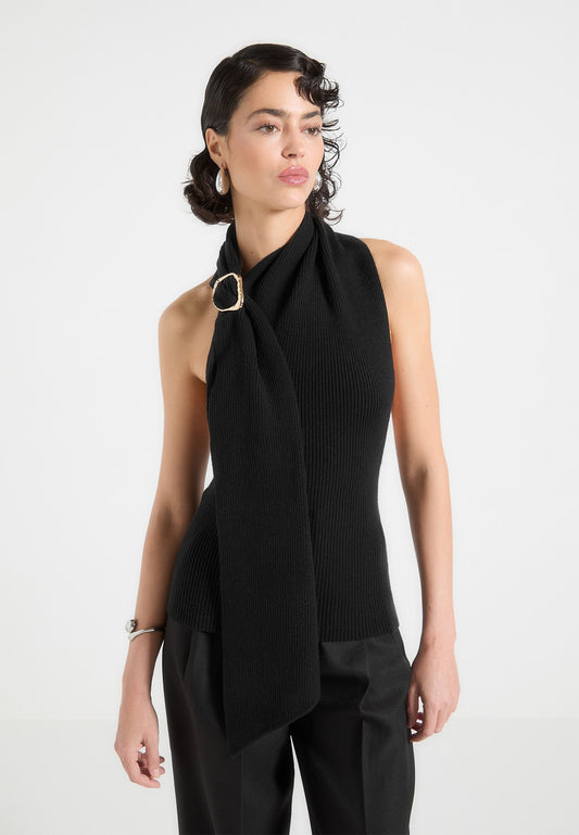 Gestricktes, drapiertes Neckholder-Top - Schwarz 
