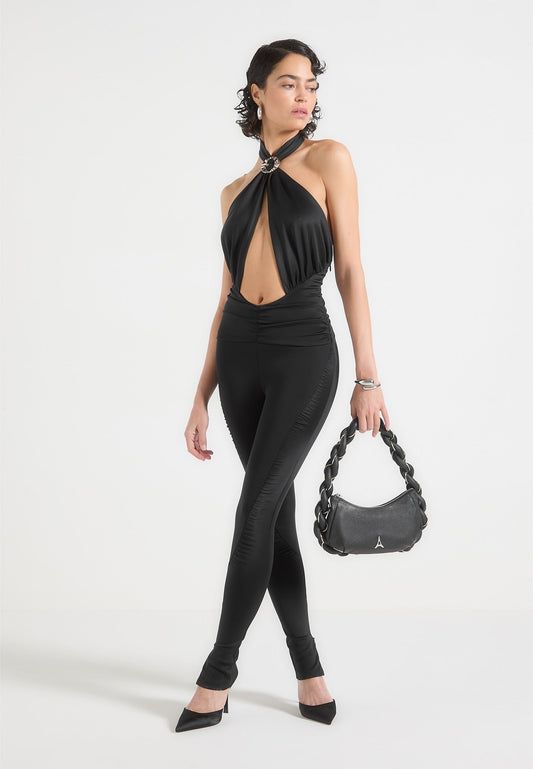 Jumpsuit mit Neckholder und Raffung - Schwarz 