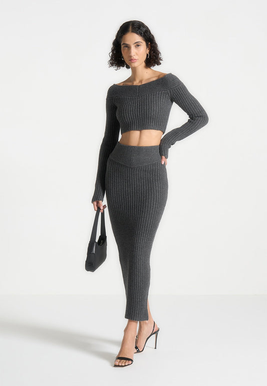 Schulterfreies Strick-Crop-Top - Graumeliert 