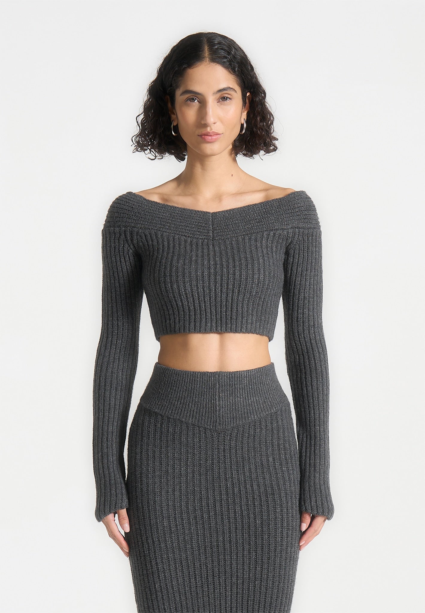 Schulterfreies Strick-Crop-Top - Graumeliert 