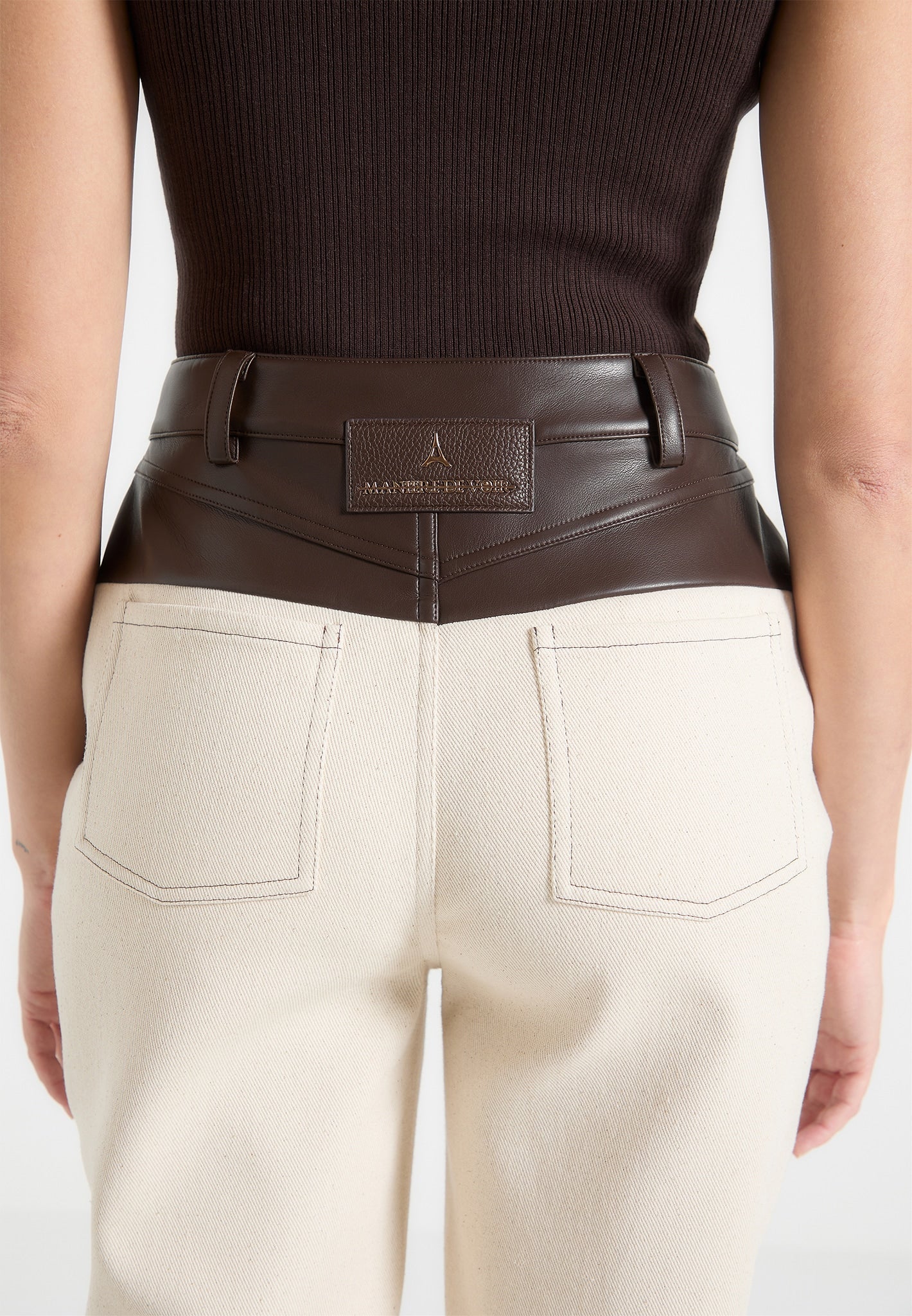 Boyfriendjeans aus Leder und Denim - Creme/Braun 