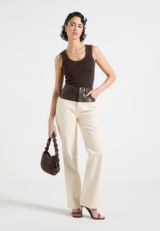 Boyfriendjeans aus Leder und Denim - Creme/Braun 