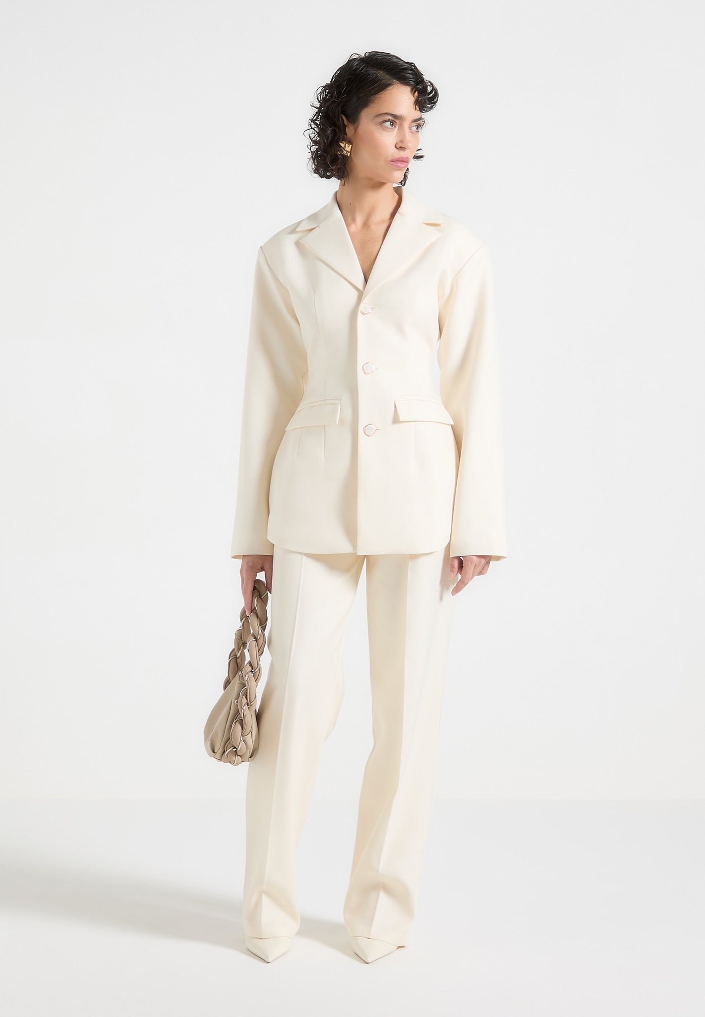 Blazer mit weiten Schultern und Cinch-Taille - Creme 