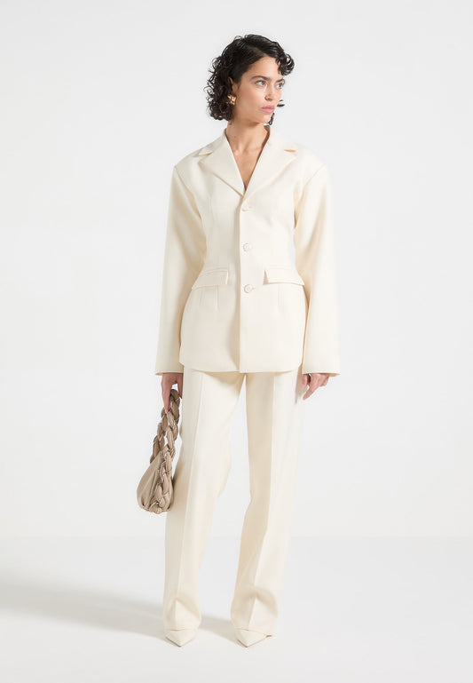Blazer mit weiten Schultern und Cinch-Taille - Creme 