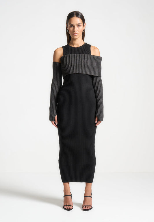 Overlay-Strick-Midaxi-Kleid - Schwarz/Grau 