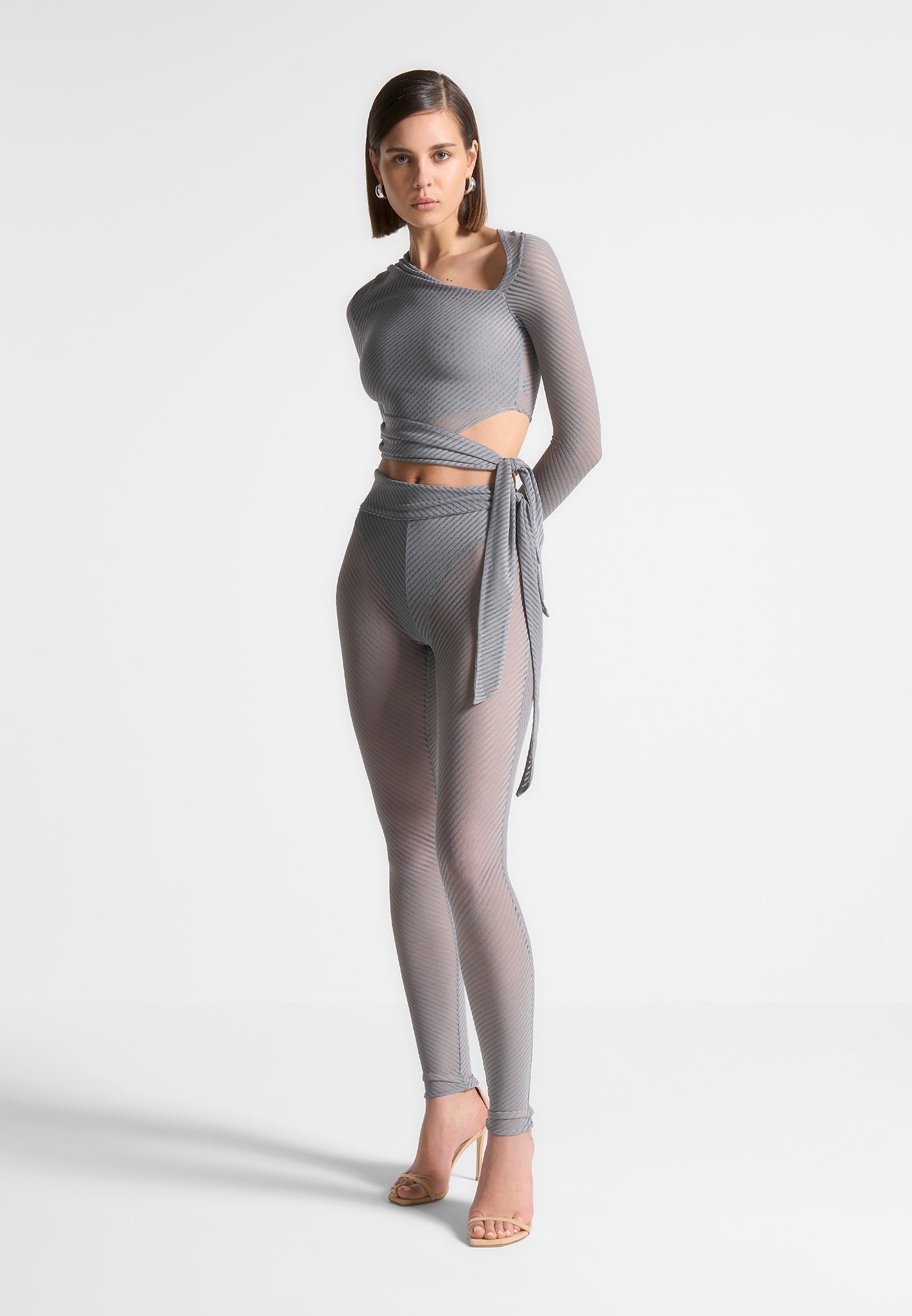 Gerippte transparente Leggings mit Bindeband - Grau 