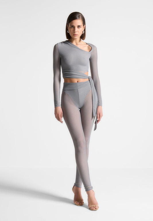 Geripptes, transparentes Top mit Schleife – Grau