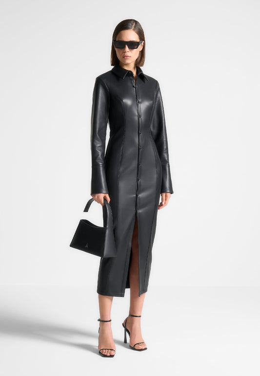 Midaxi-Hemdblusenkleid aus Leder - Schwarz