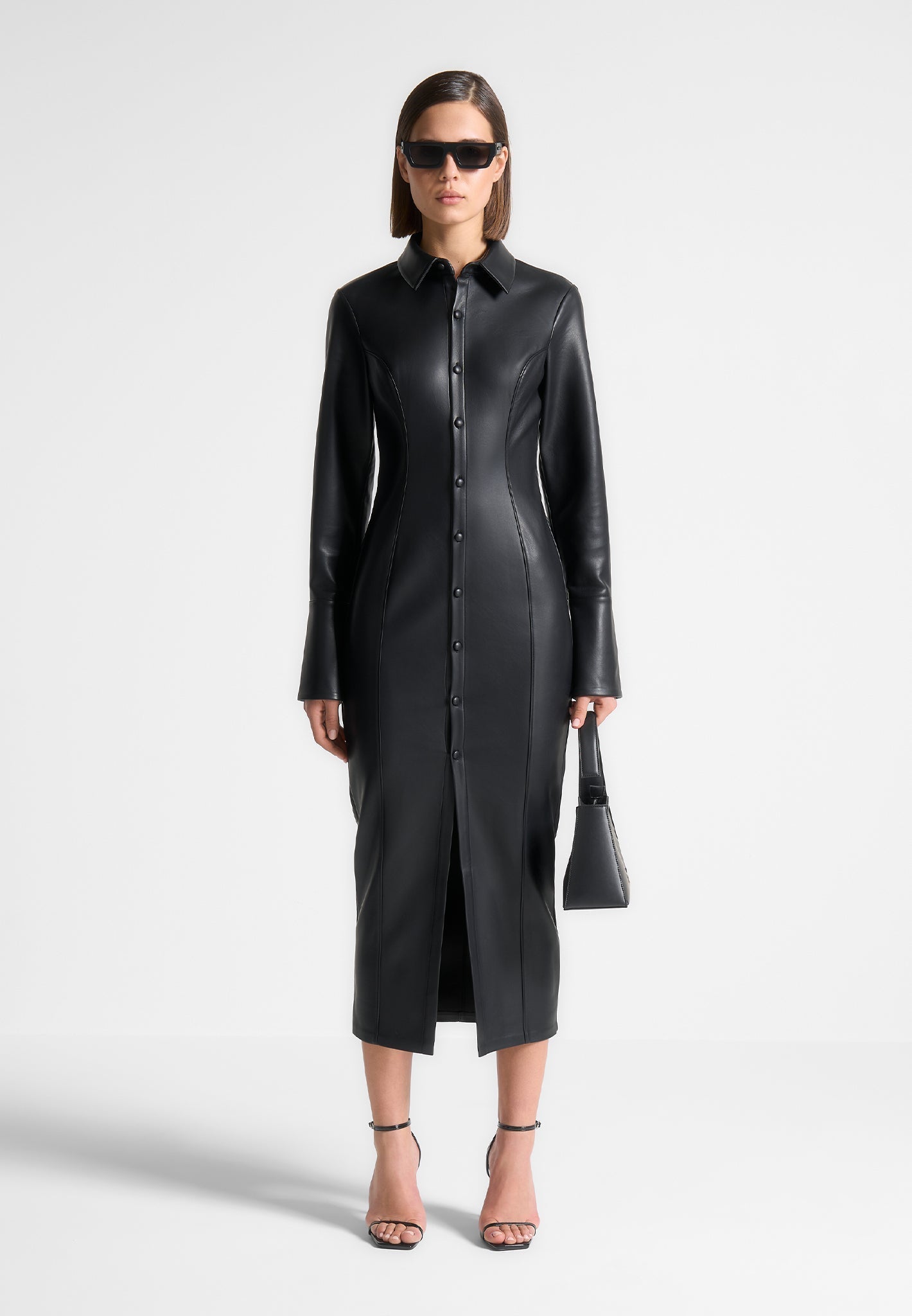 Midaxi-Hemdblusenkleid aus Leder - Schwarz