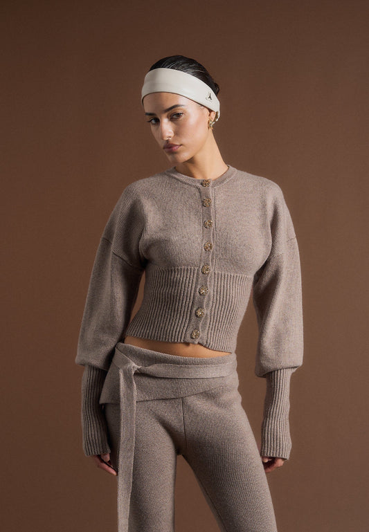 Gestrickter Cardigan mit Cinch-Taille - Taupe