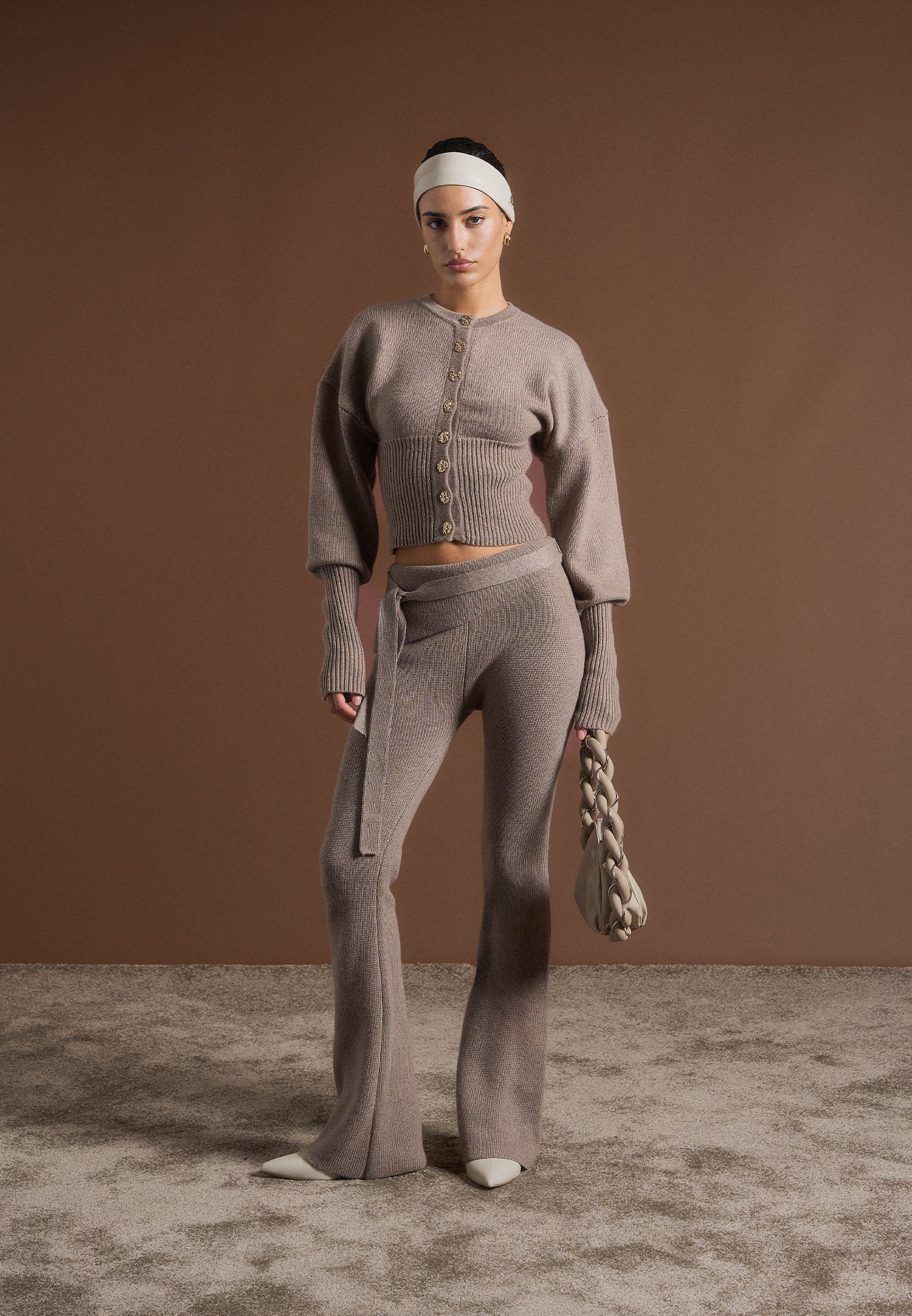 Gestrickte Fit &amp; Flare-Leggings mit Gürtel - Taupe