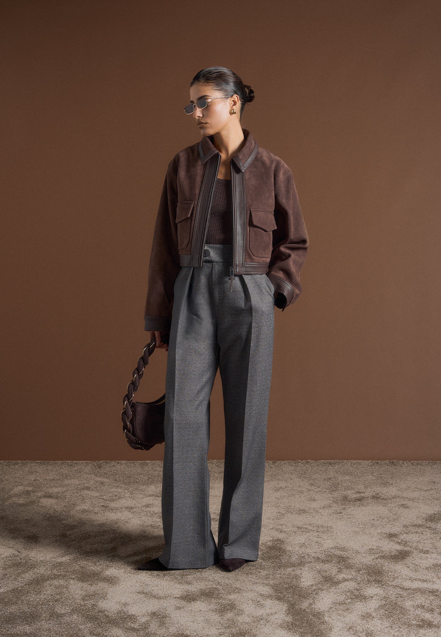 Jacke aus Wildleder und gekrispeltem Leder - Braun