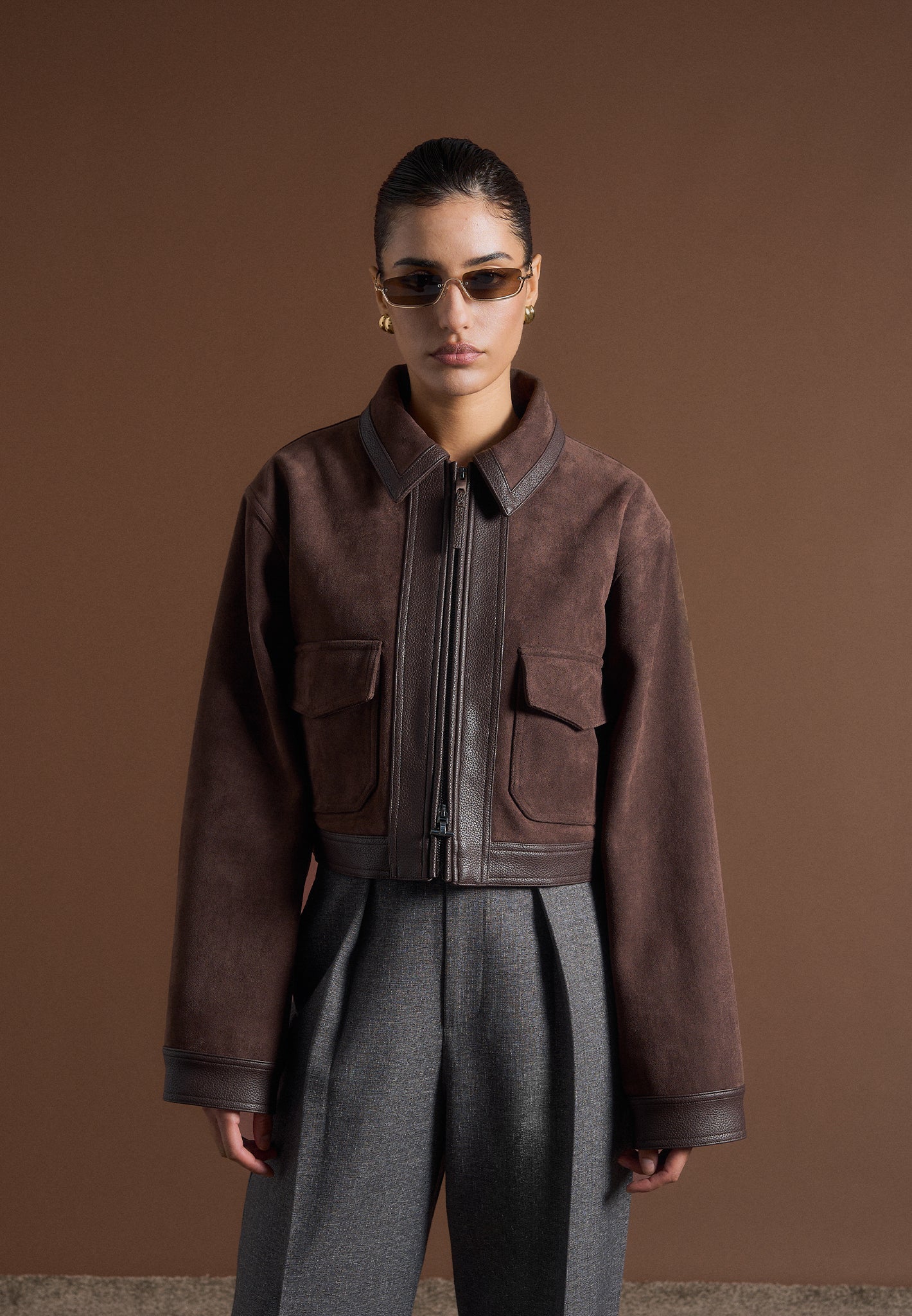 Jacke aus Wildleder und gekrispeltem Leder - Braun