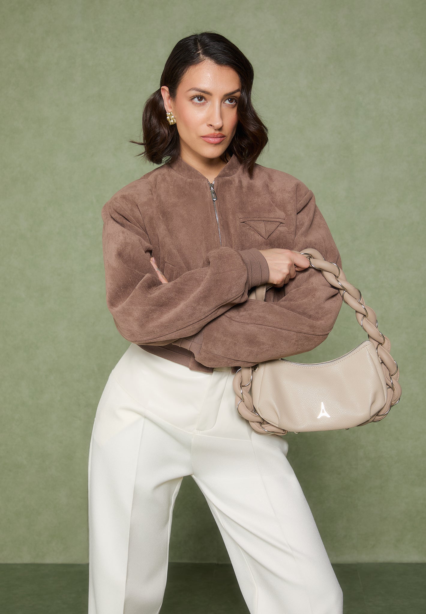 Bomberjacke aus Wildleder mit breiten Schultern - Taupe 