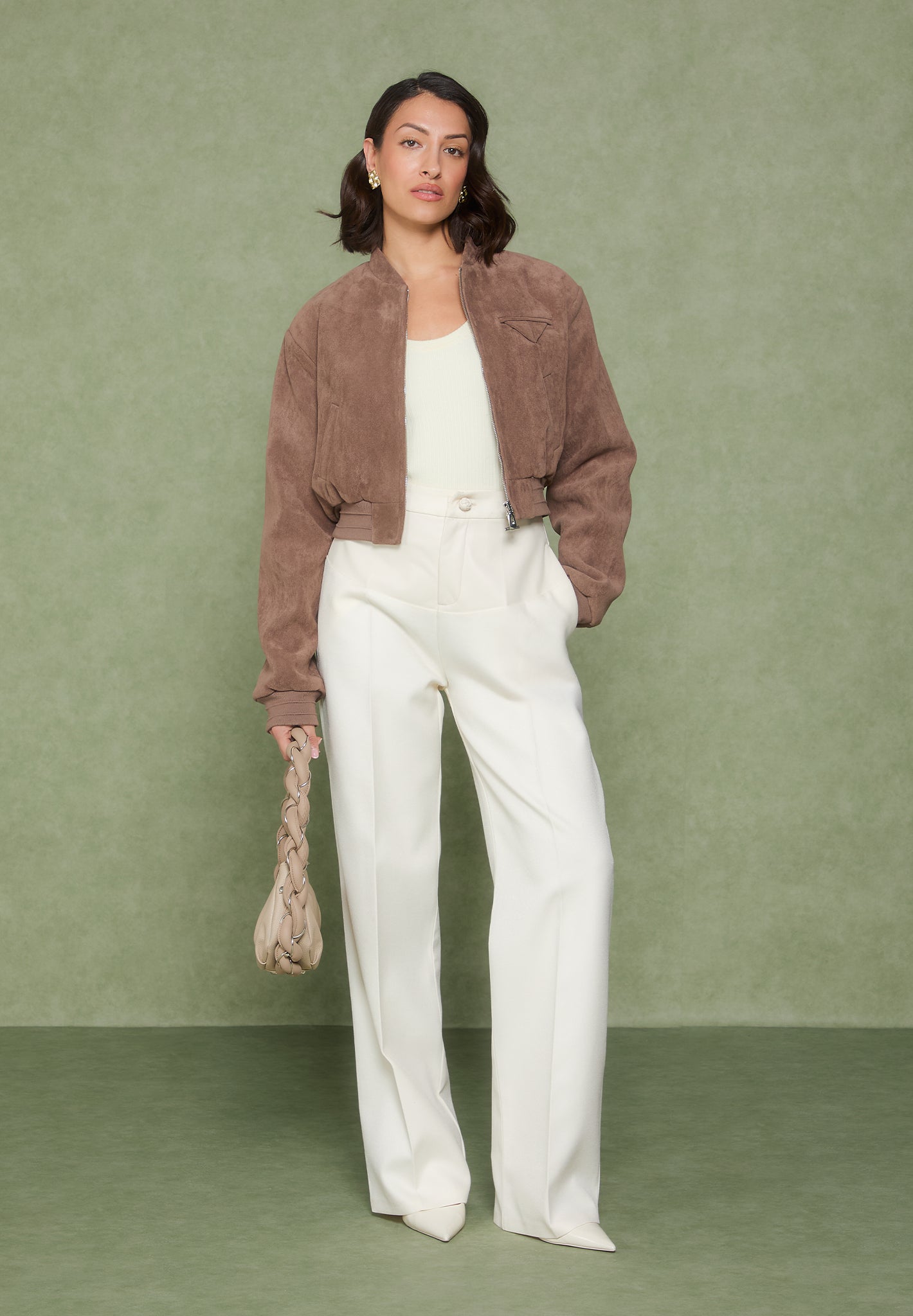 Maßgeschneiderte Hose mit Ledereinsätzen - Creme 