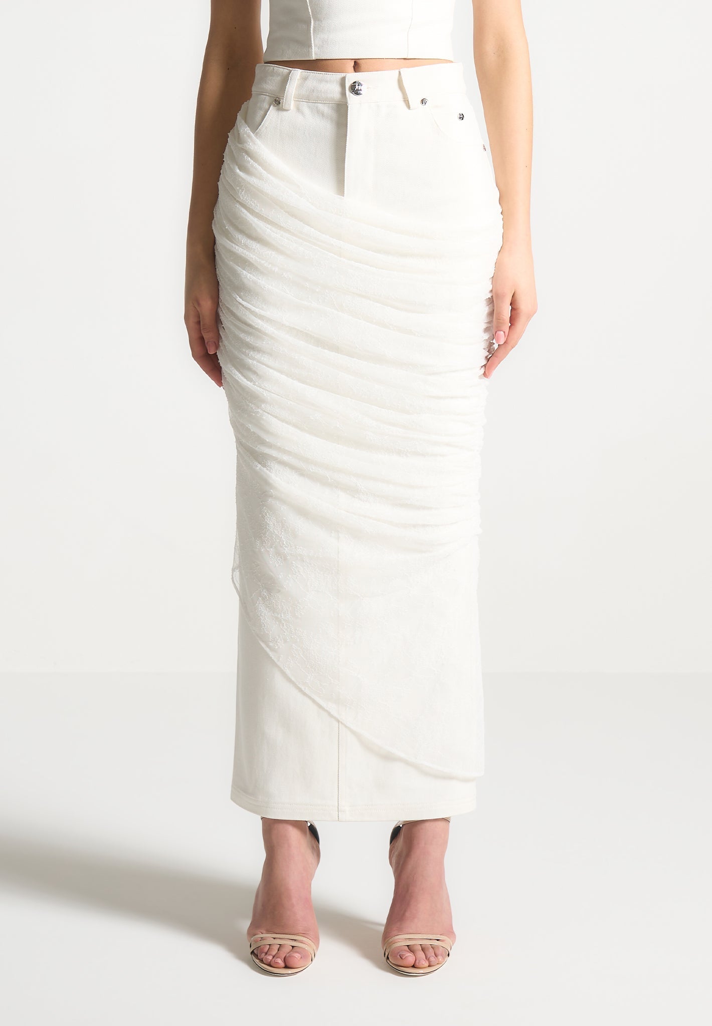 Drapierter Maxirock aus Mesh-Denim - Off White 