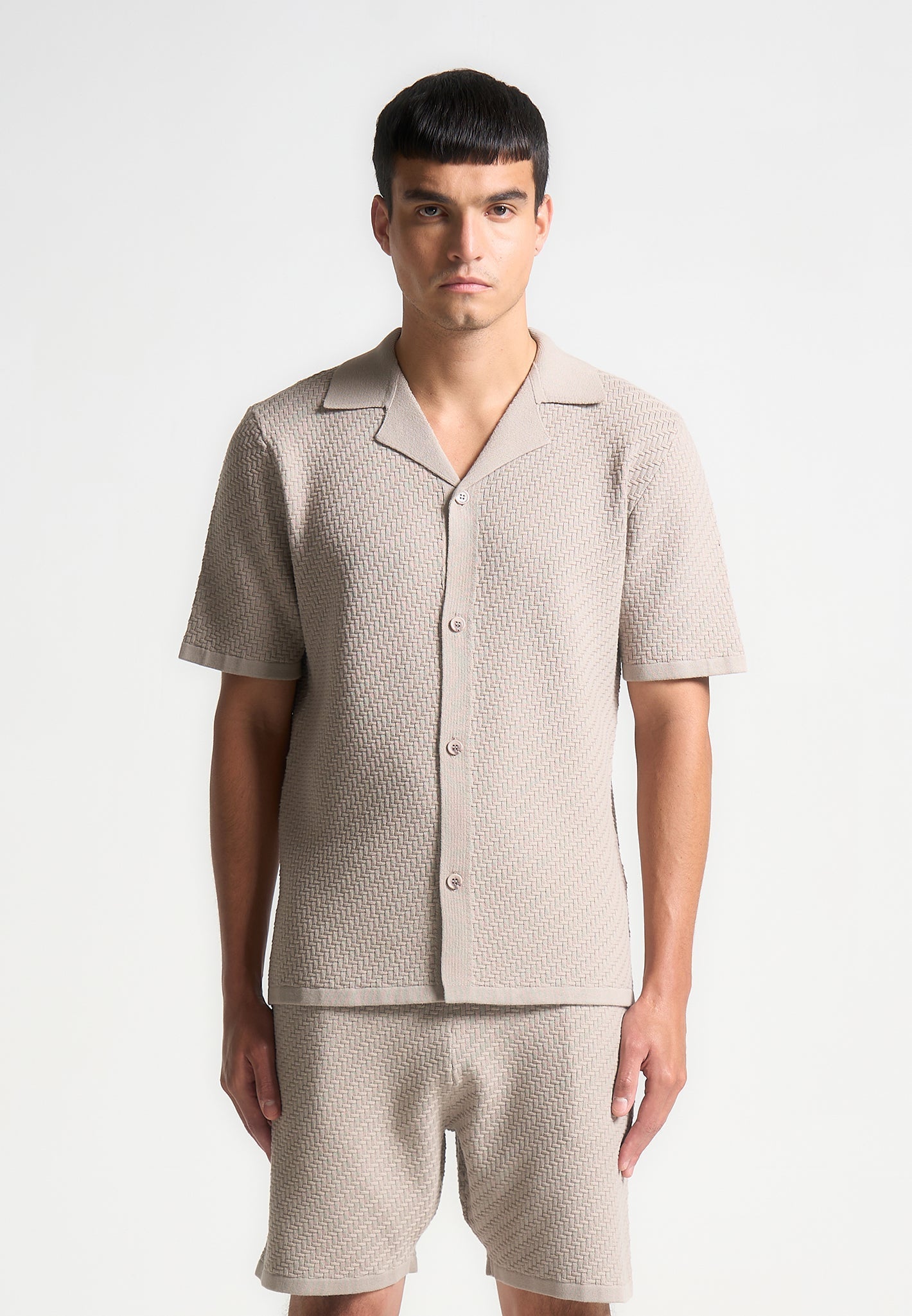 Fischgräten-Strickhemd mit Revers - Taupe 
