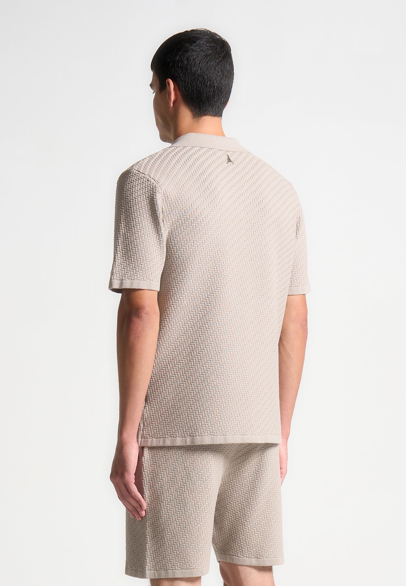 Fischgräten-Strickhemd mit Revers - Taupe 