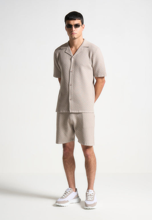 Fischgräten-Strickhemd mit Revers - Taupe 