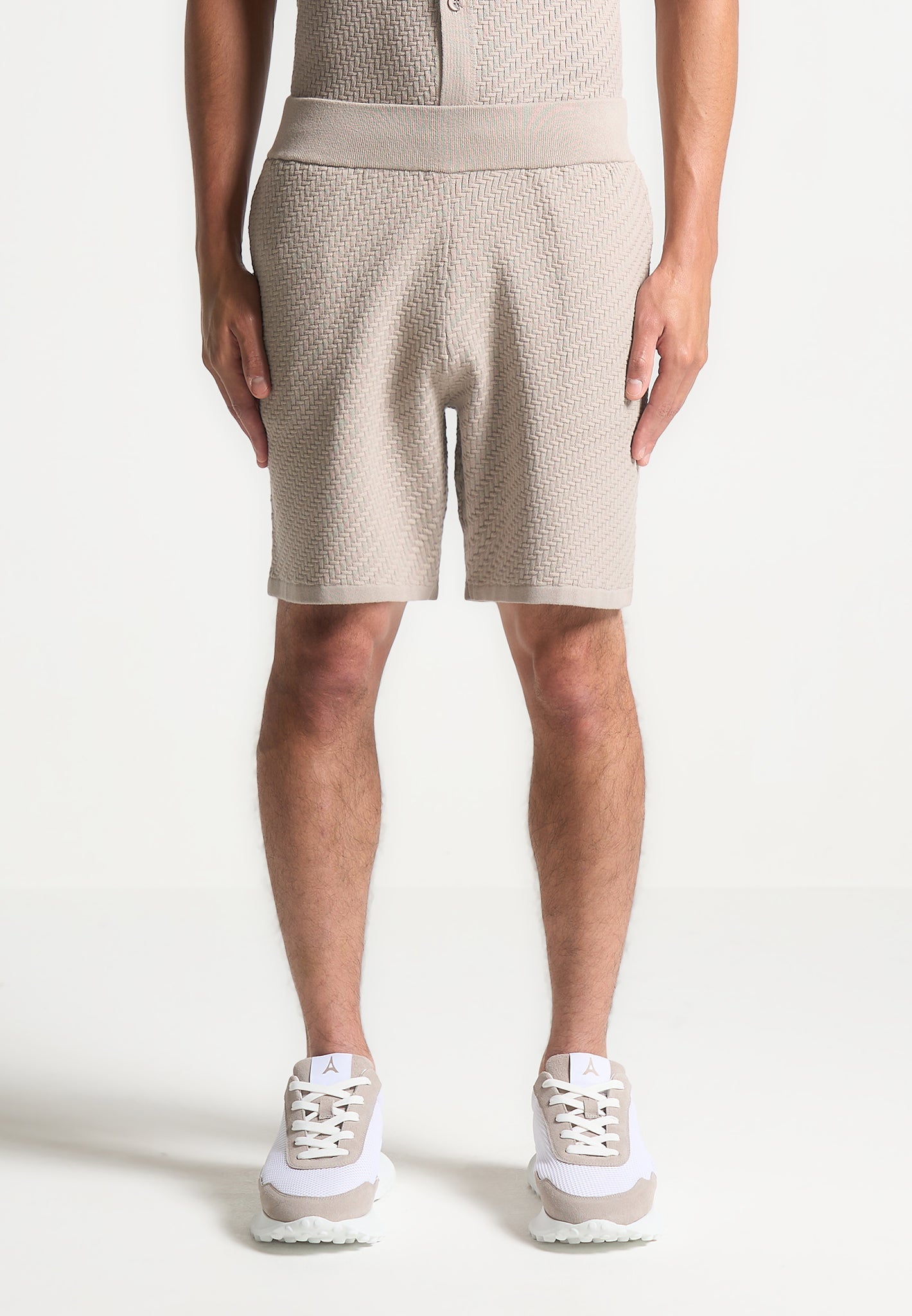 Fischgräten-Strickshorts - Taupe 