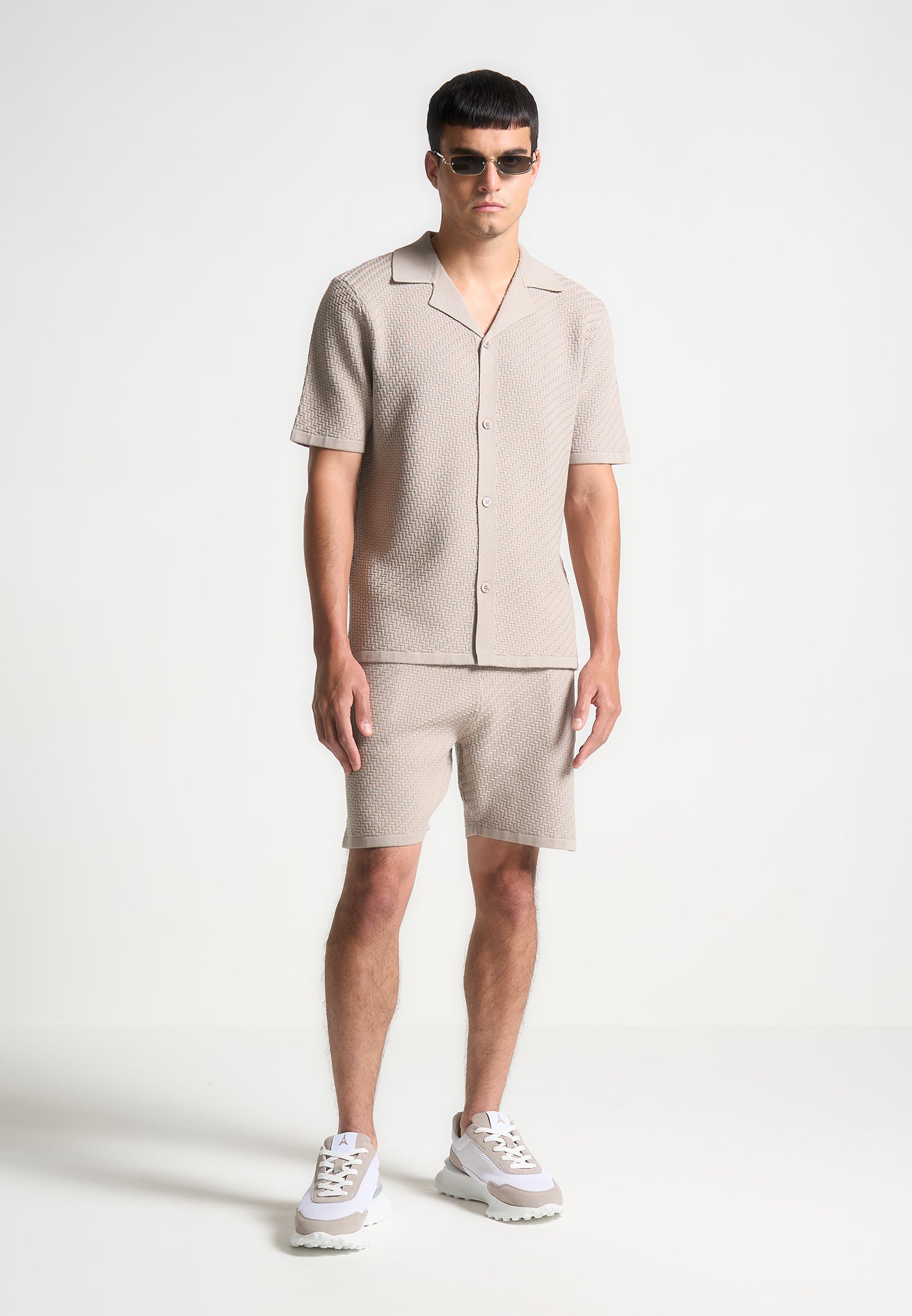 Fischgräten-Strickshorts - Taupe 