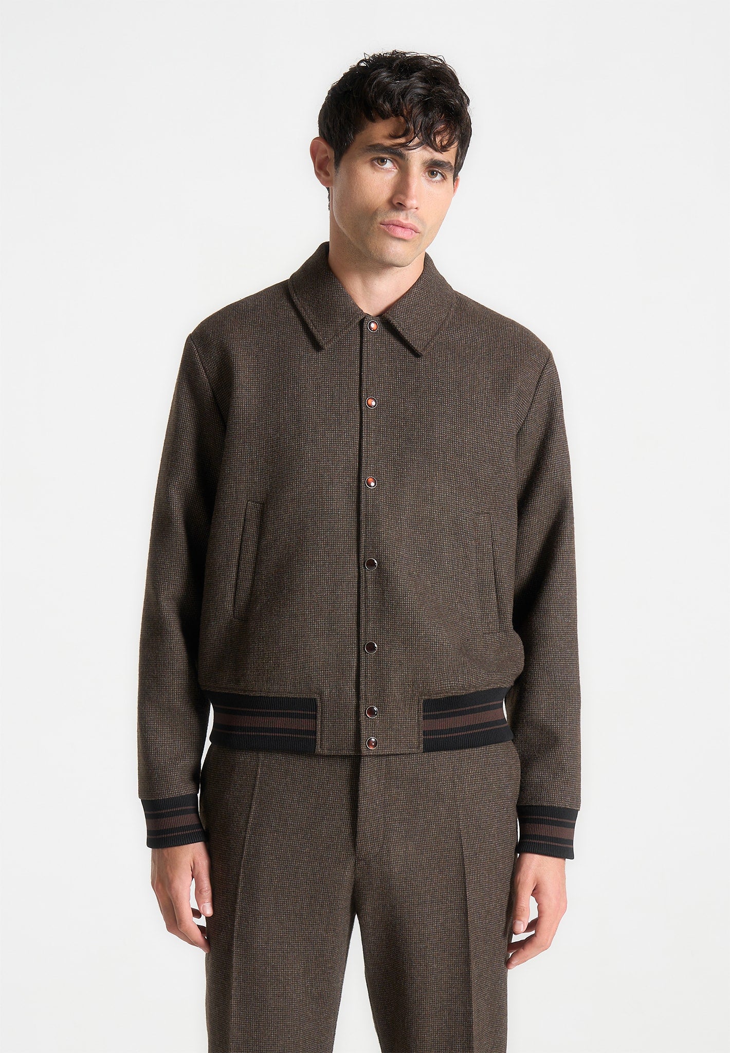 Jacke aus Wollmischung mit Hahnentrittmuster - Braun 