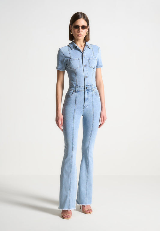 Mini-Flared-Jeans-Jumpsuit - Mittelblau