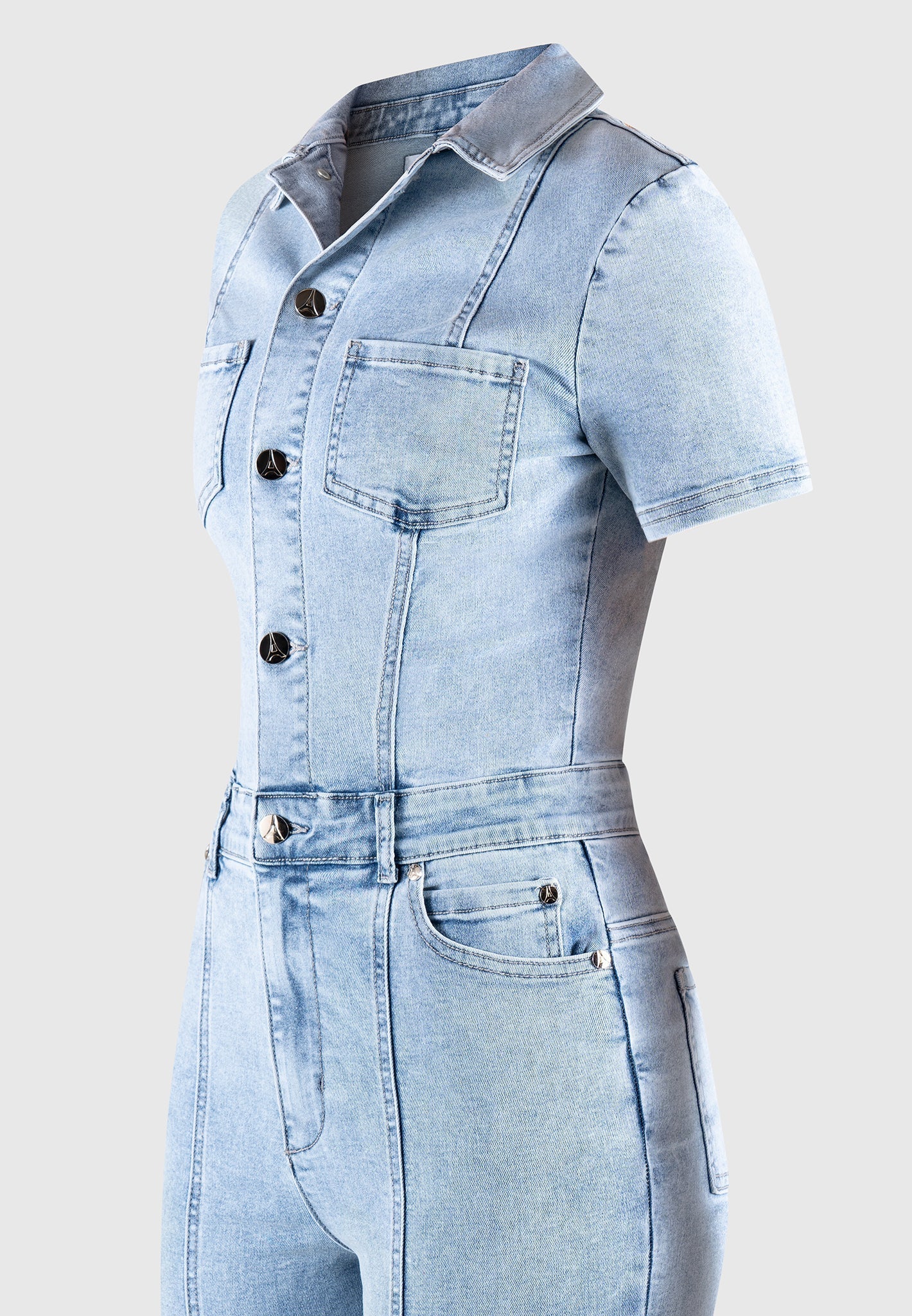 Mini-Flared-Jeans-Jumpsuit - Mittelblau