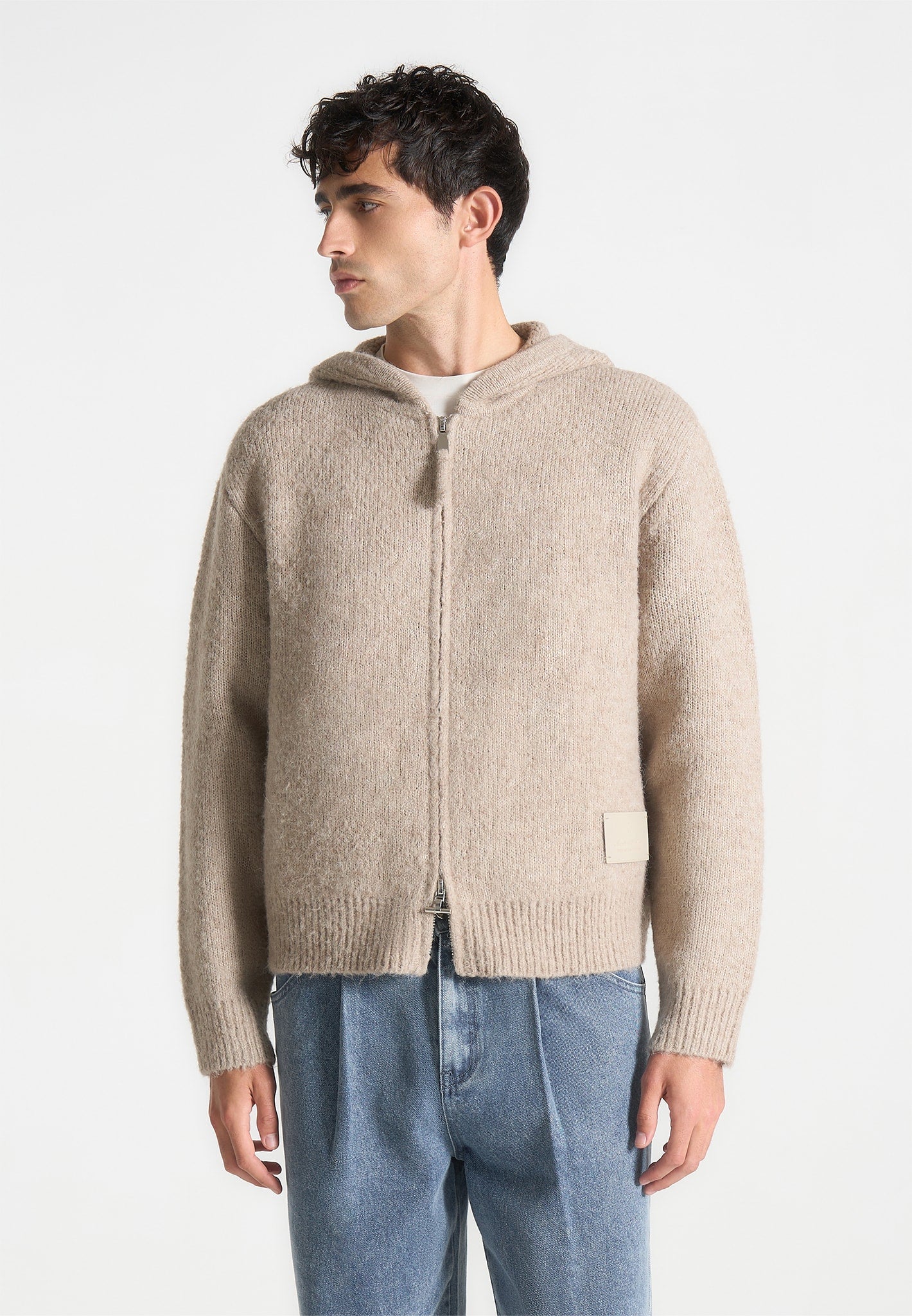 Kapuzenpullover aus Mohair-Mix mit durchgehendem Reißverschluss - Beige 