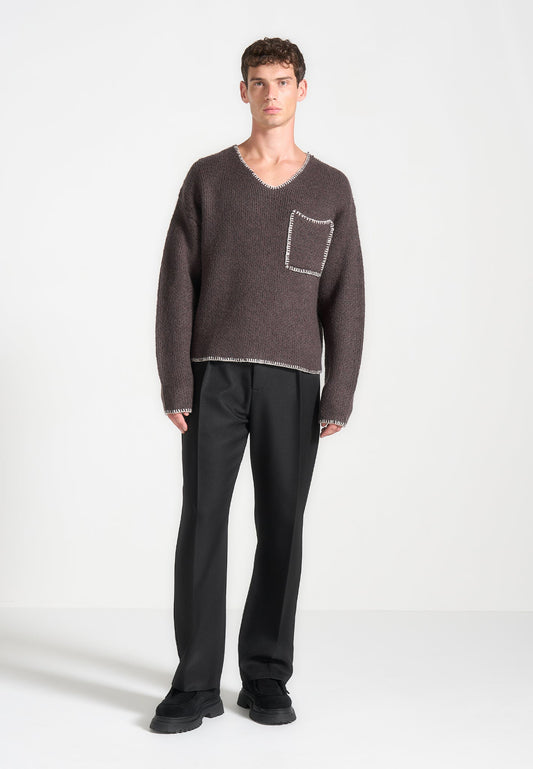 Mohair-Strickpullover mit Überwendlingsstich und V-Ausschnitt - Braun 