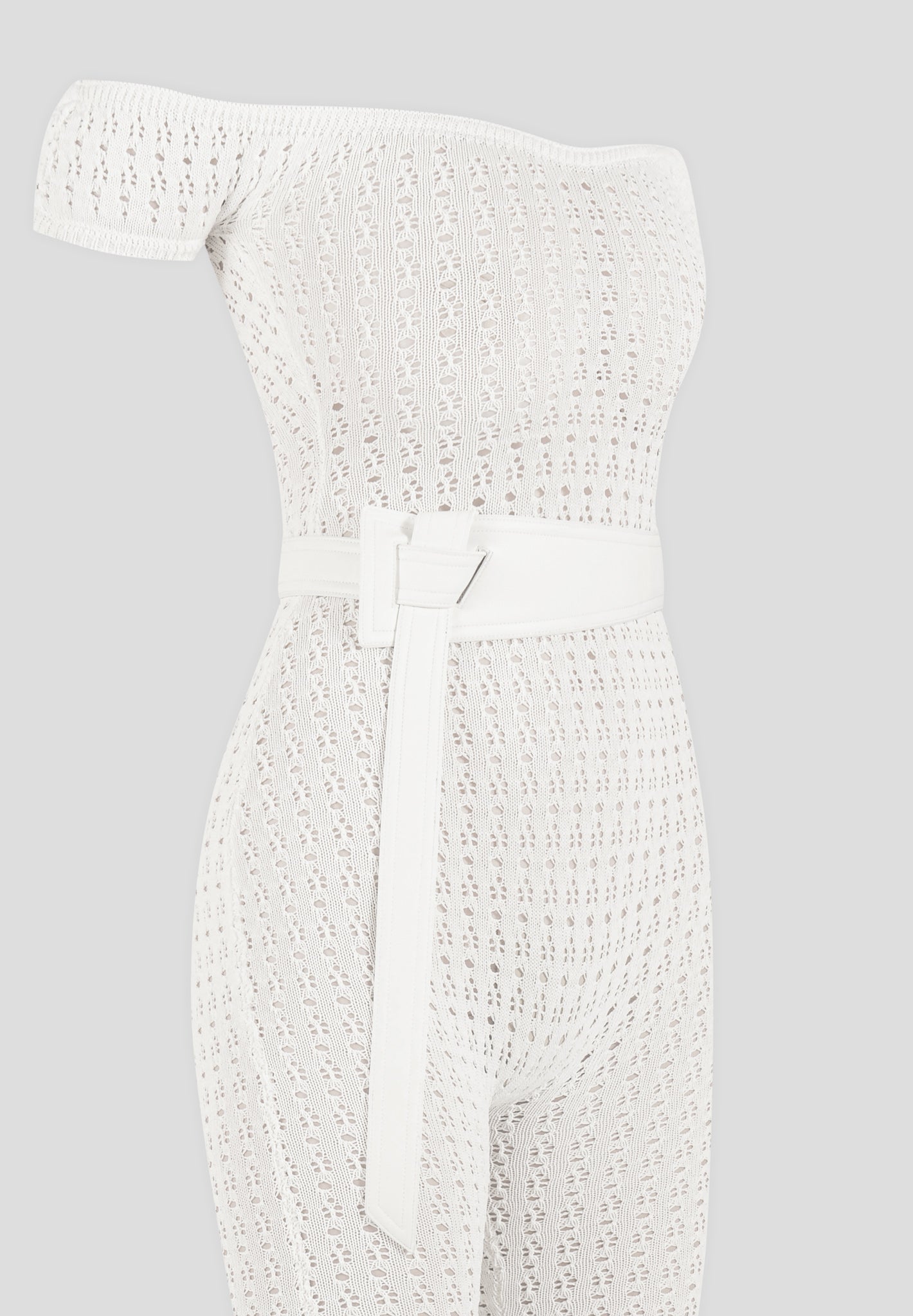 Pointelle-Strick-Bardot-Jumpsuit mit Gürtel - Creme 