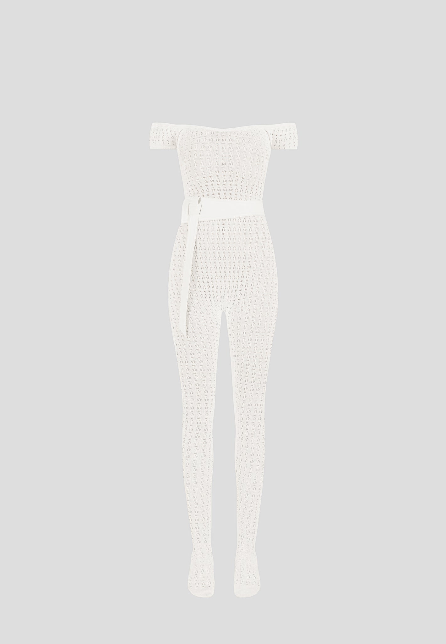 Pointelle-Strick-Bardot-Jumpsuit mit Gürtel - Creme 