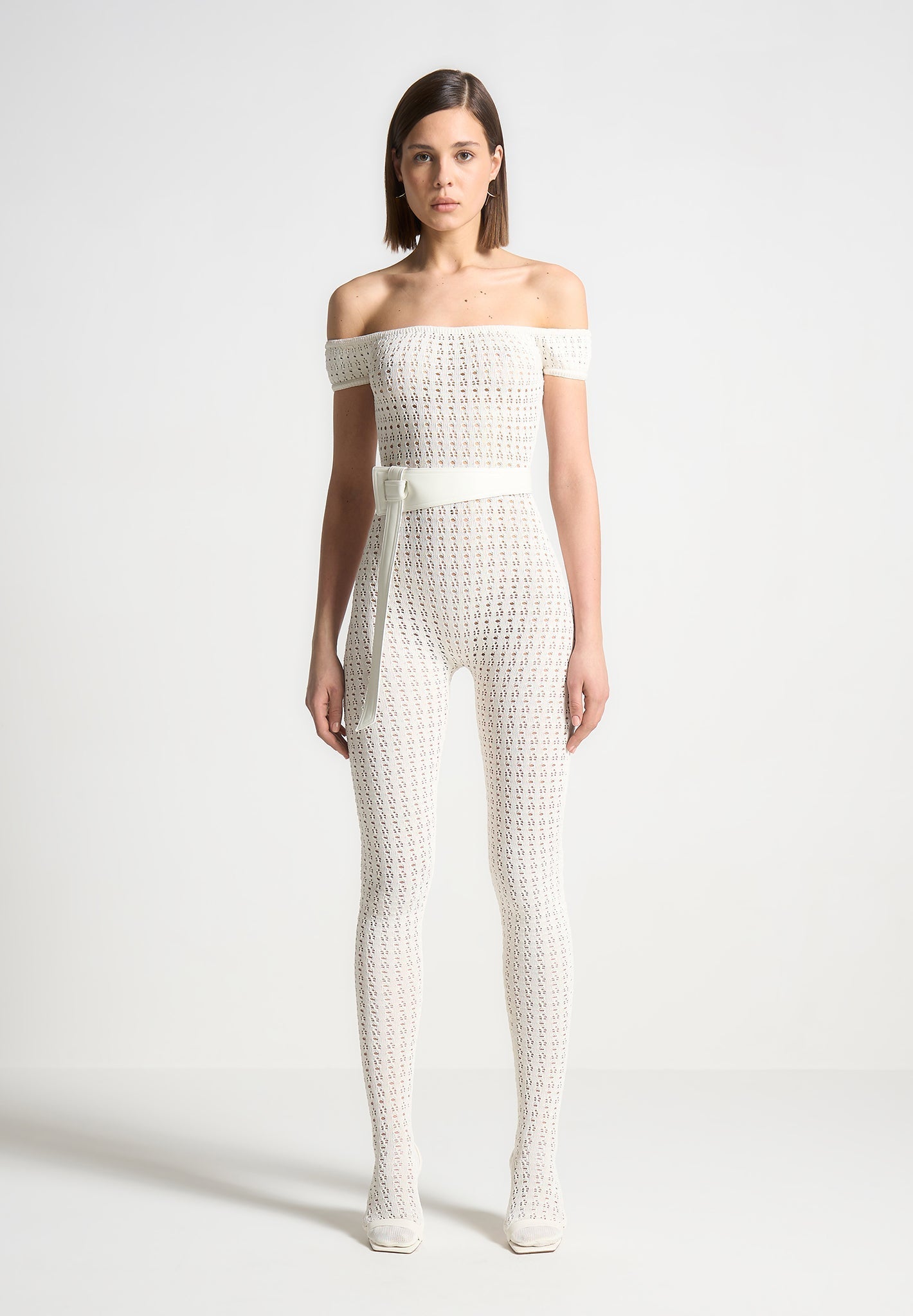 Pointelle-Strick-Bardot-Jumpsuit mit Gürtel - Creme 