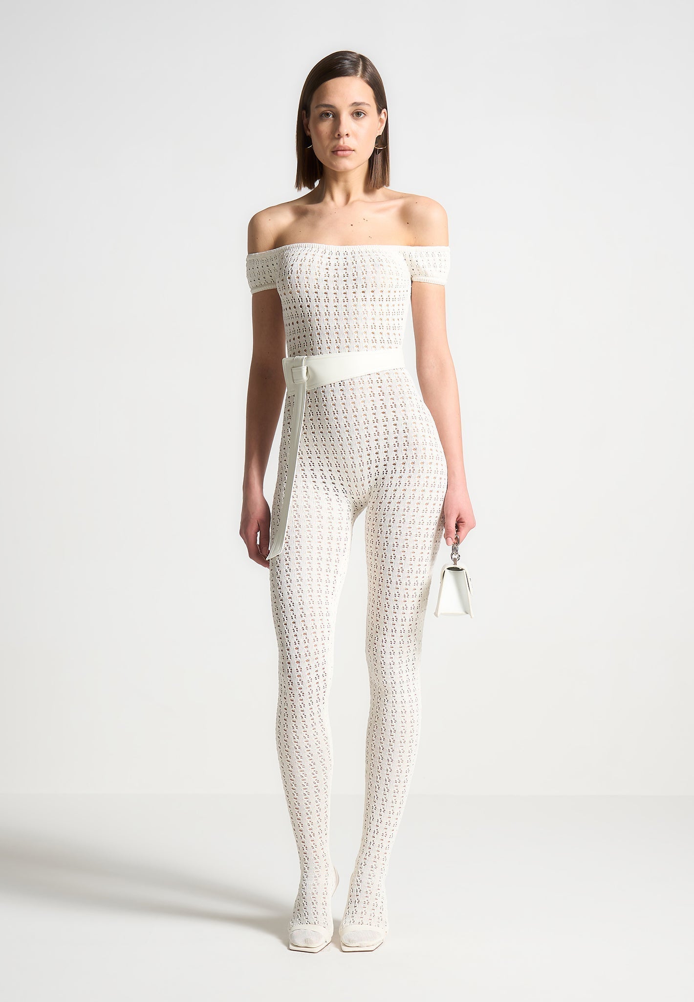 Pointelle-Strick-Bardot-Jumpsuit mit Gürtel - Creme 