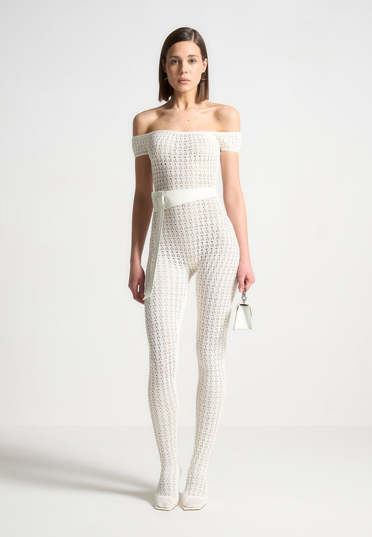 Pointelle-Strick-Bardot-Jumpsuit mit Gürtel - Creme 