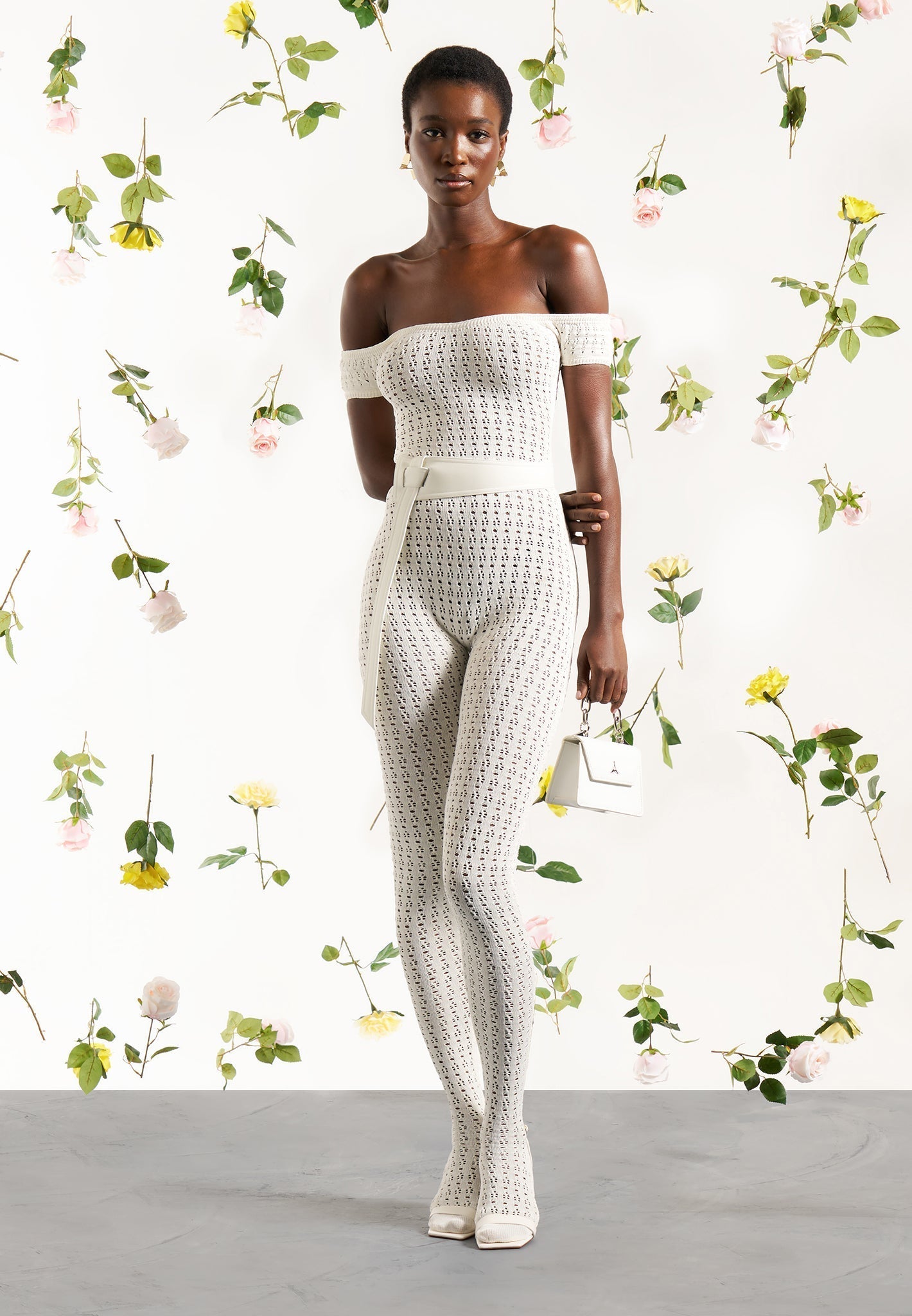 Pointelle-Strick-Bardot-Jumpsuit mit Gürtel - Creme 