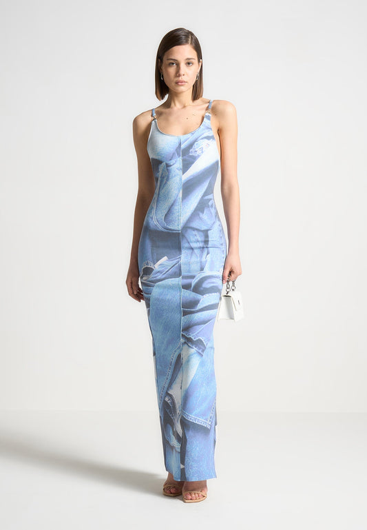 Maxikleid mit Denim-Effekt und Print - Blau