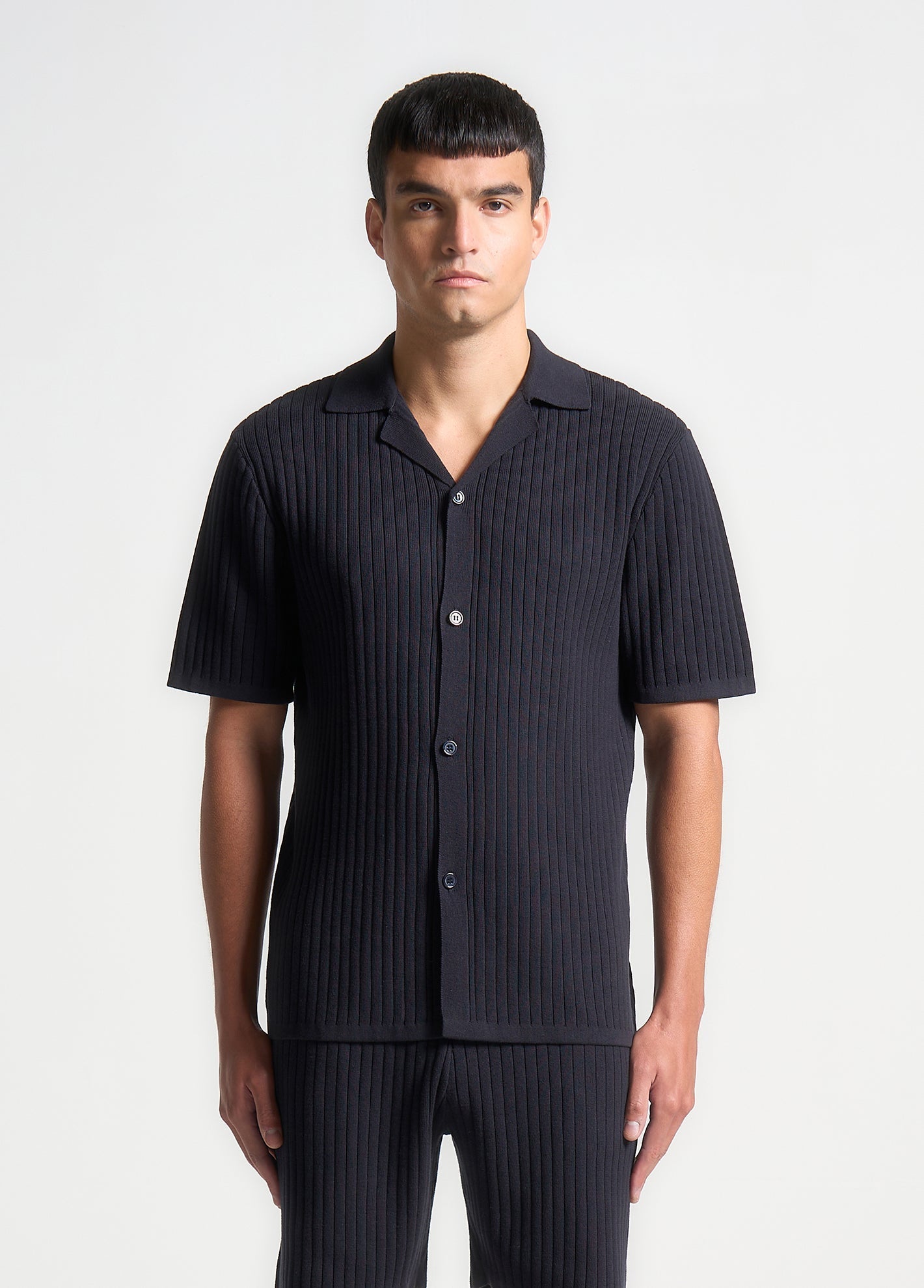 Geripptes Strick-Revershemd - Marineblau