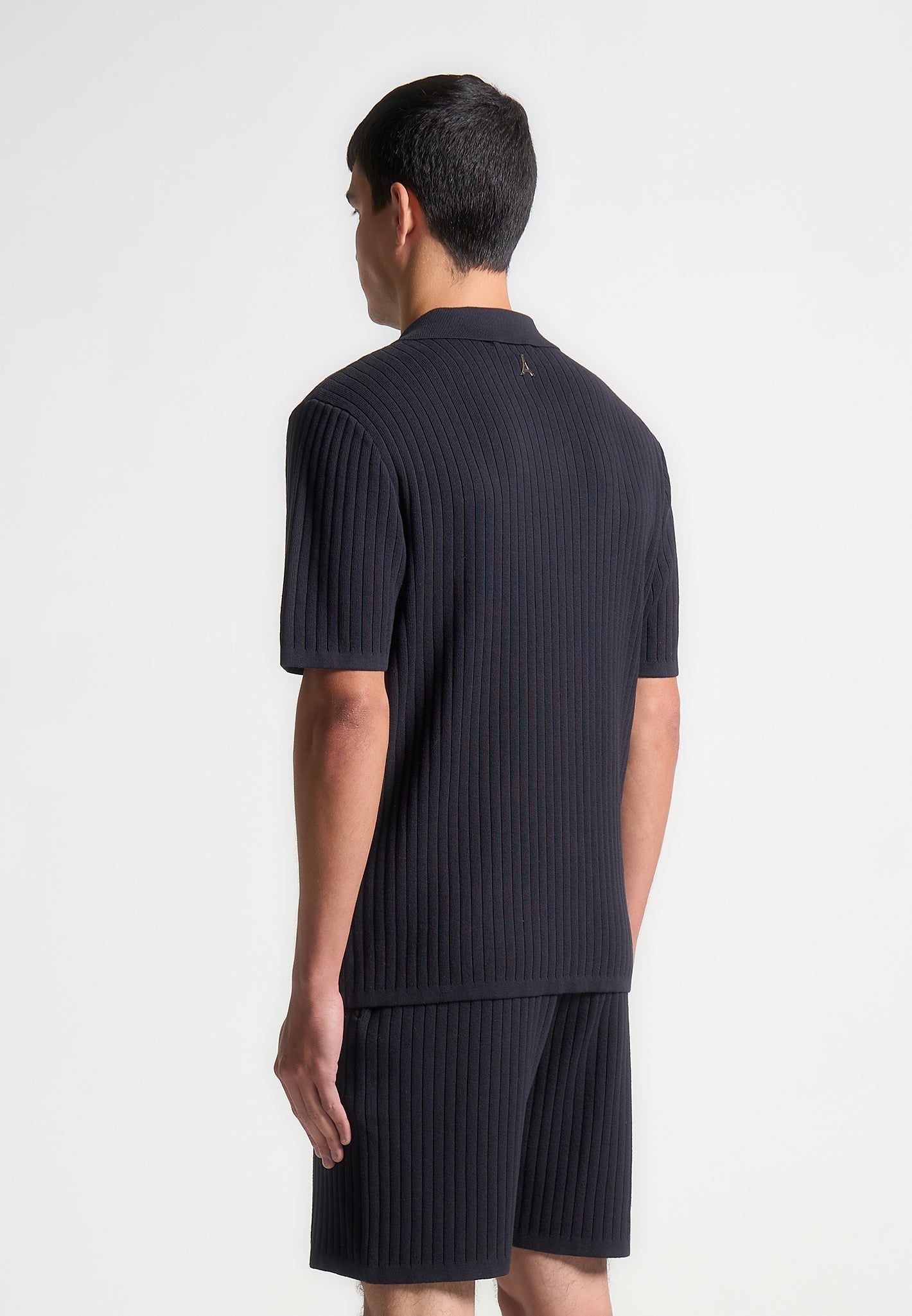 Geripptes Strick-Revershemd - Marineblau