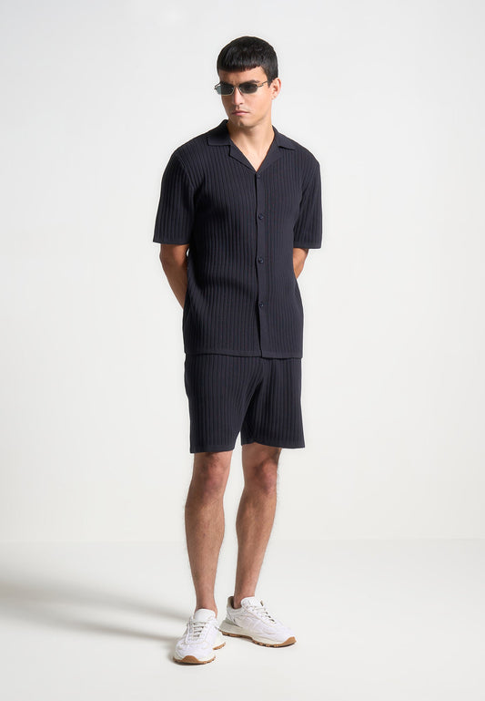 Geripptes Strick-Revershemd - Marineblau