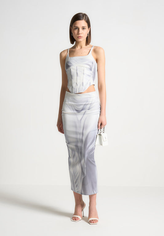 Satin Renaissance Body Print Midaxi Rock - Off White