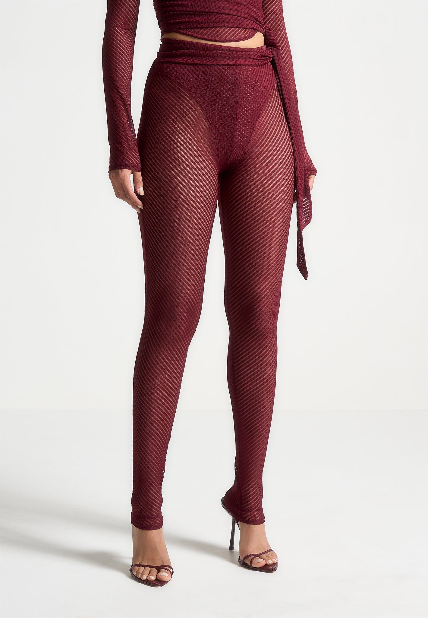 Gerippte transparente Leggings mit Bindeband - Weinrot 