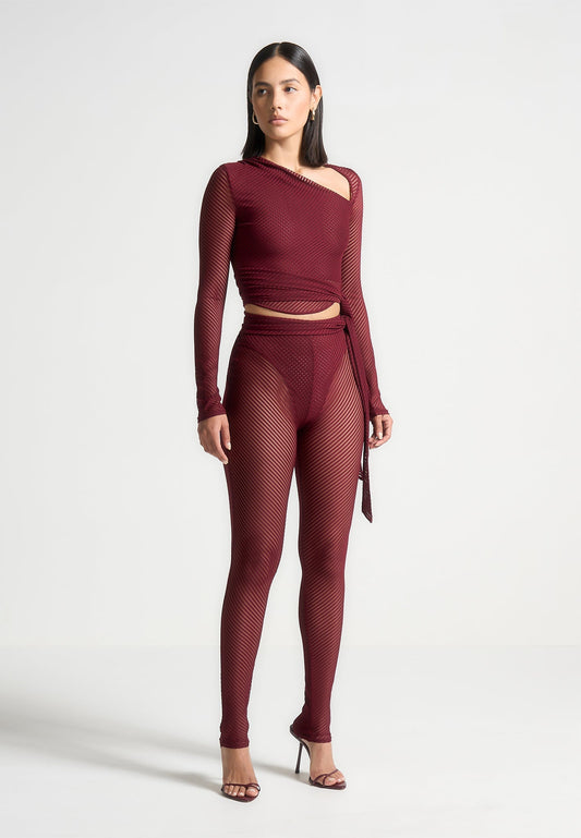 Gerippte transparente Leggings mit Bindeband - Weinrot 