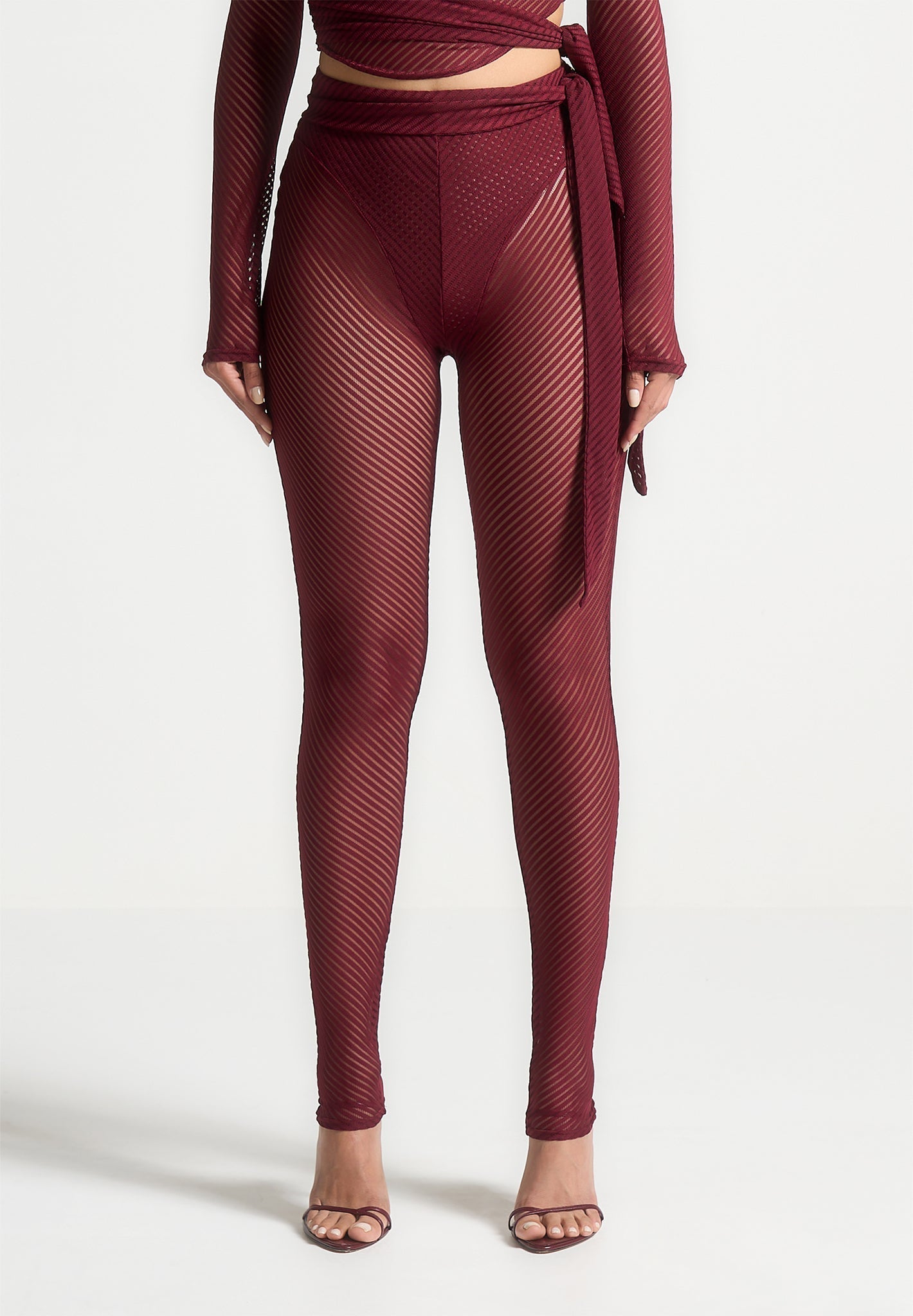 Gerippte transparente Leggings mit Bindeband - Weinrot 
