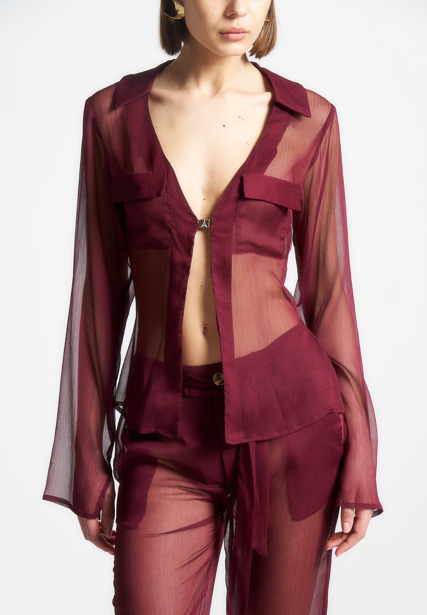 Transparentes Shirt mit Verschluss - Weinrot 