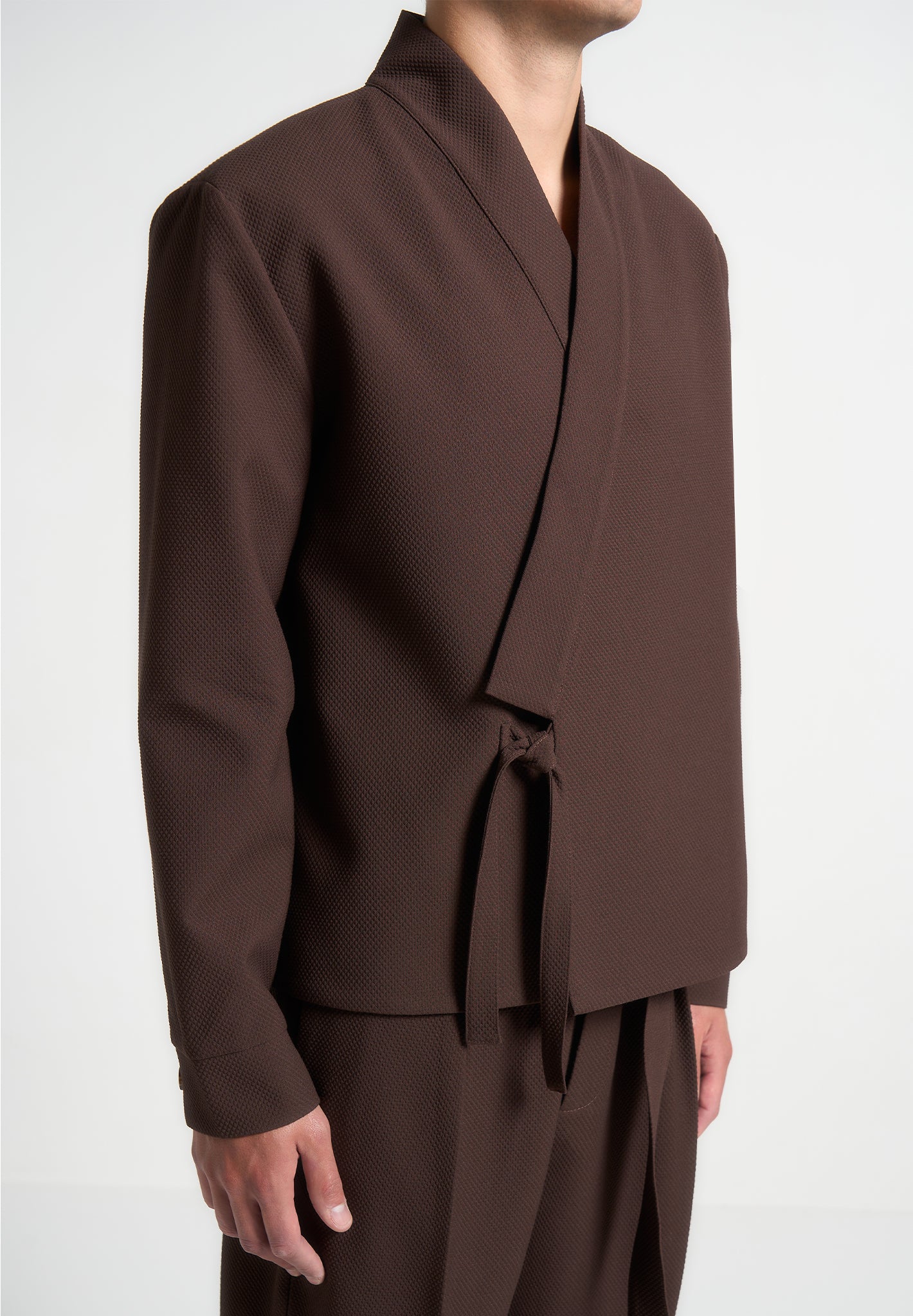 Strukturierte Kimono-Wickeljacke - Braun 