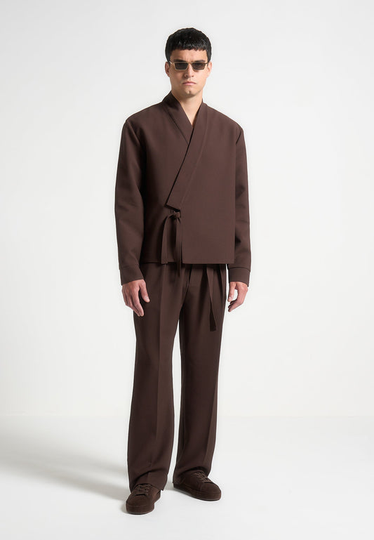 Strukturierte Kimono-Wickeljacke - Braun 