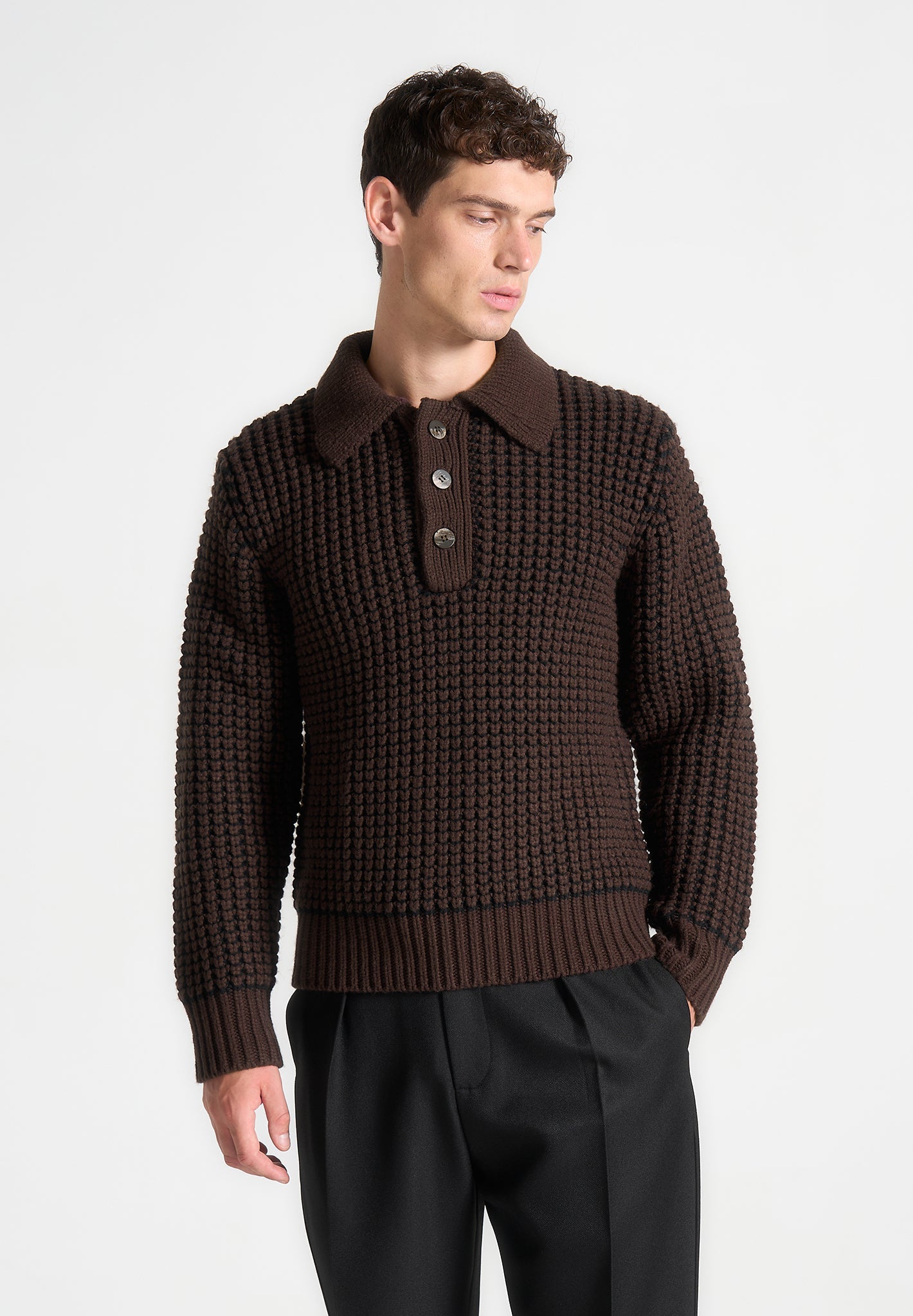 Polopullover aus strukturiertem Wollstrick - Braun 