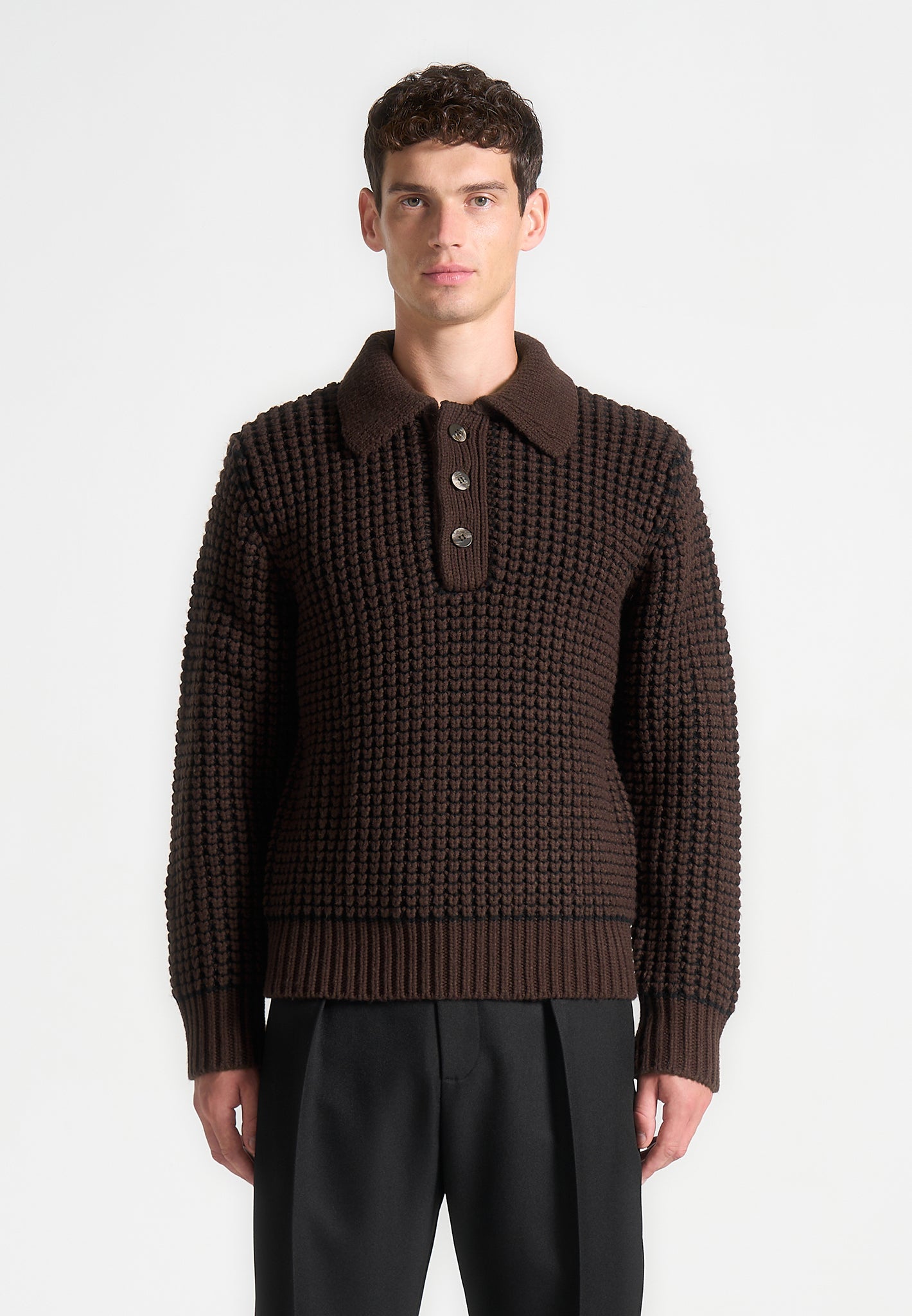 Polopullover aus strukturiertem Wollstrick - Braun 